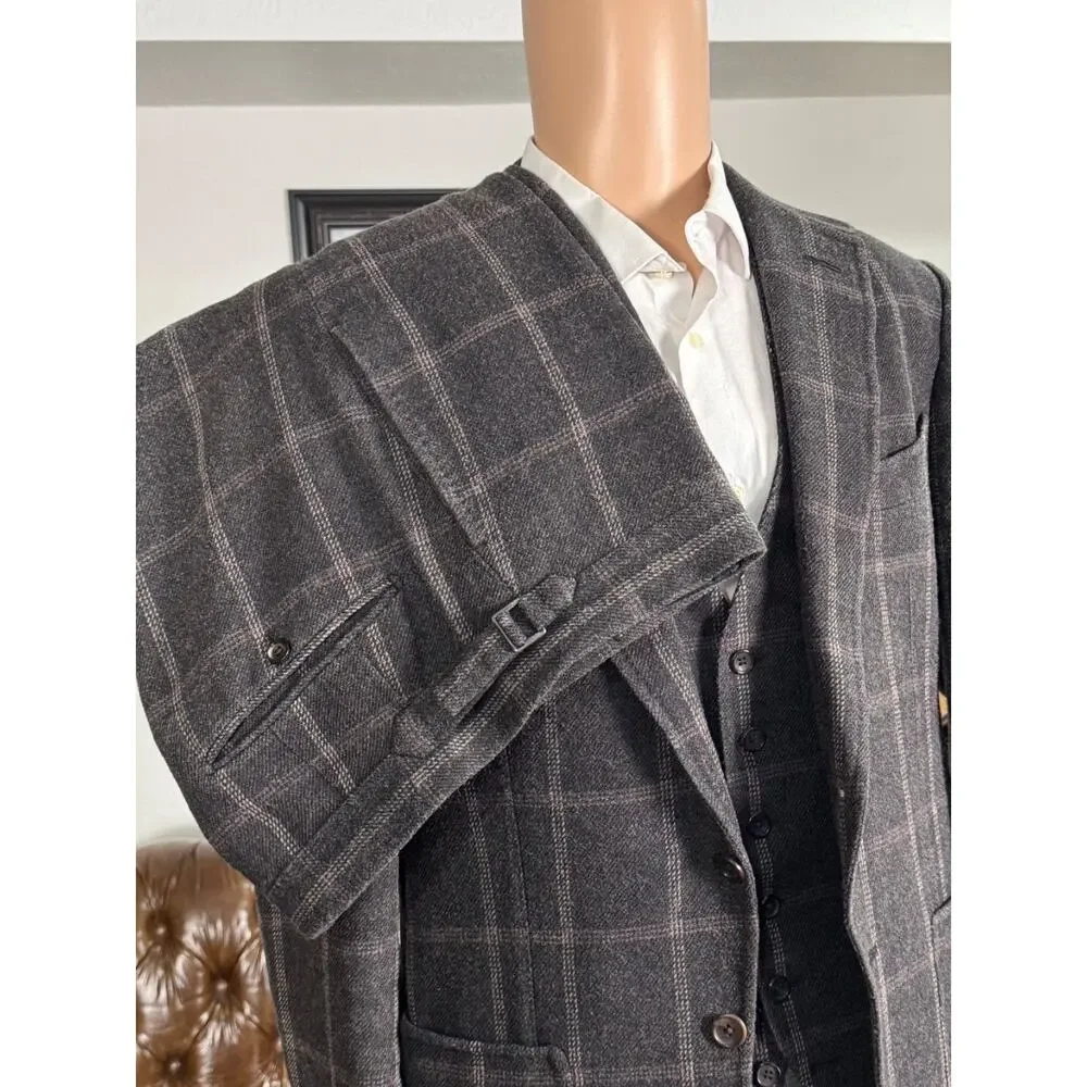 Tom Ford Brown Windowpane Tweed Wool Silk 3Pc Suit 50 40R 34x30 Trousers